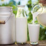 Pouring milk in the glass on the background of nature.